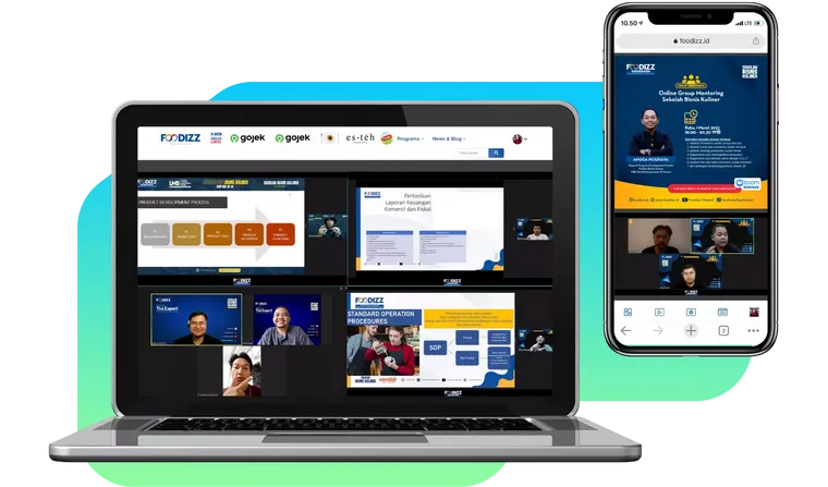 Platform belajar Sekolah Bisnis Kuliner di laptop dan ponsel